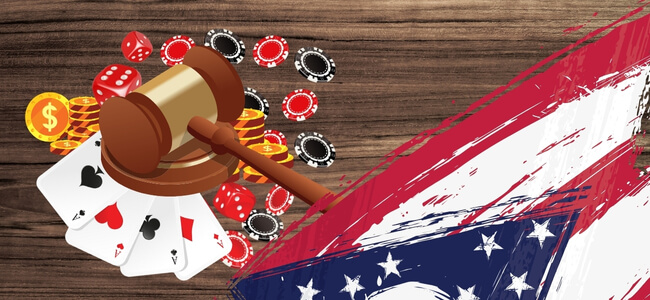 Ohio Flag and Wooden Gavel with Casino Chips and Coins